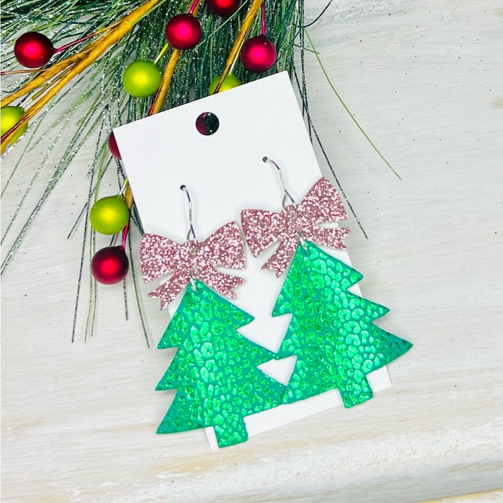 Green Christmas Tree Earrings with Pink Glitter Bows